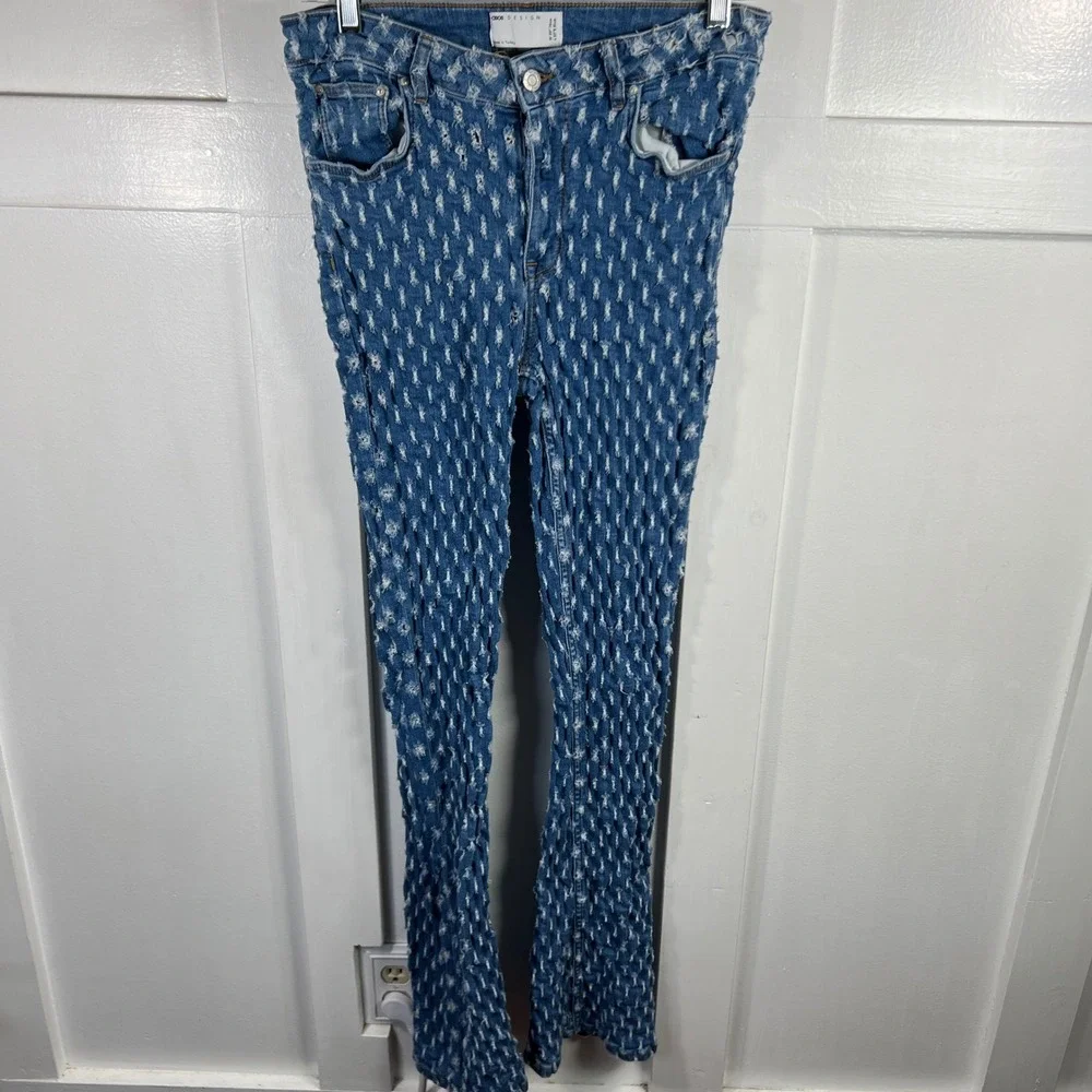 ASOS DESIGN Men Blue Heavily Distressed Frayed Textured Flare Jeans W29 L32 1602